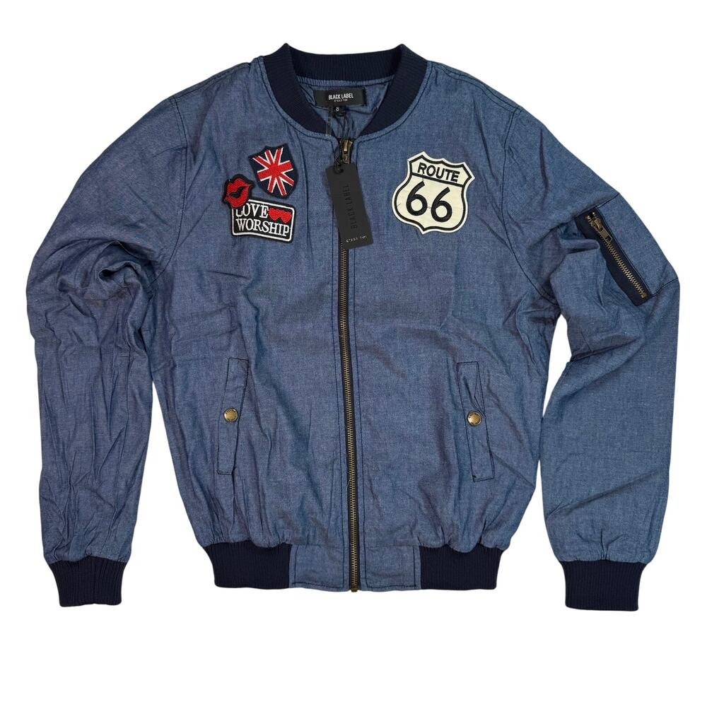 Women’s Small Lightweight Bomber Jacket with Patches Route 66, Lips, Worship